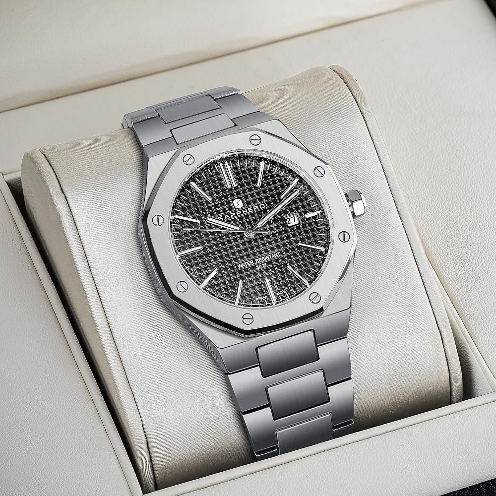 SAPPHERO Men's Octagonal Stainless Steel Waterproof Luminous Wrist Watch Analog Quartz Date Dress Business Casual Gift