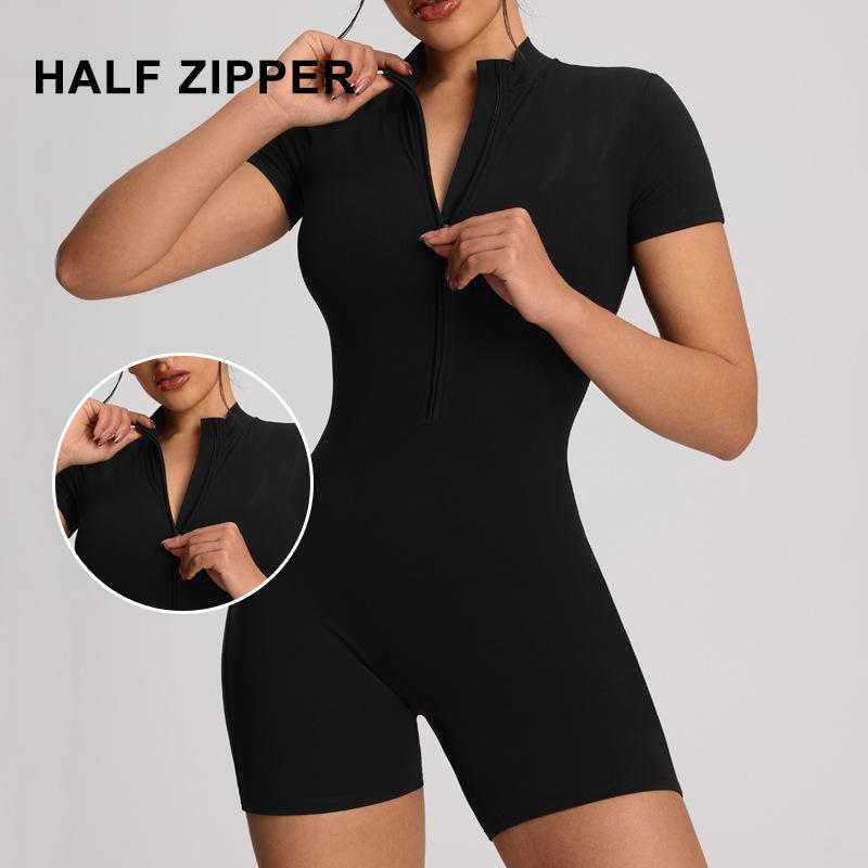 European Style Zipper Short-Sleeve Yoga Jumpsuit - Women's Tight-Fitting Running & Fitness One-Piece