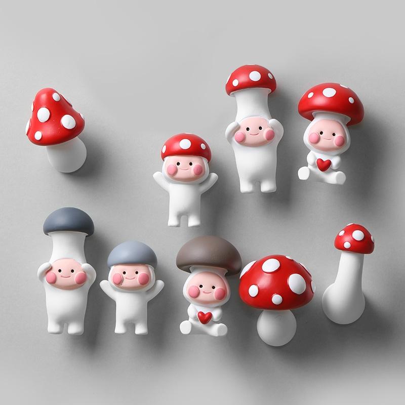 3D Red Mushroom Refrigerator Sticker Standing Sitting Hug Cartoon Refrigerator Decorative Magnetic Sticker Resin Gift