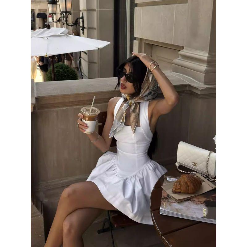 French Style Ballet Style Square Collar Hanging Neck Strapless Dress Backless Waist Hugging Short Dress Slim Fit Slimming A Word Solid Skirt for Women