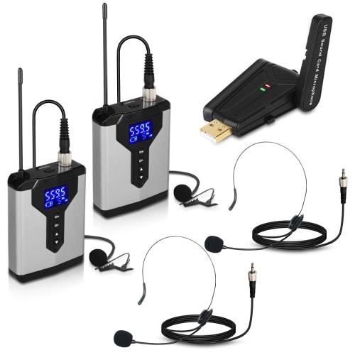 Depusheng Wireless Dual Bodypack USB Receiver Lavalier Microphone Headphone Mic Receiver Transmitter USB Interface for Computer Notebook Video Confere