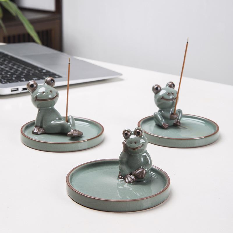 Zen Frog Ceramic Incense Burner and Holder - Ge Kiln Style for Home or Office Decor