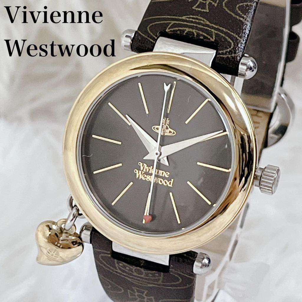 Used Working Item Rare Out of Print Vivienne Westwood Heart Charm Orb All-over Pattern Belt Watch Vivienne Westwood