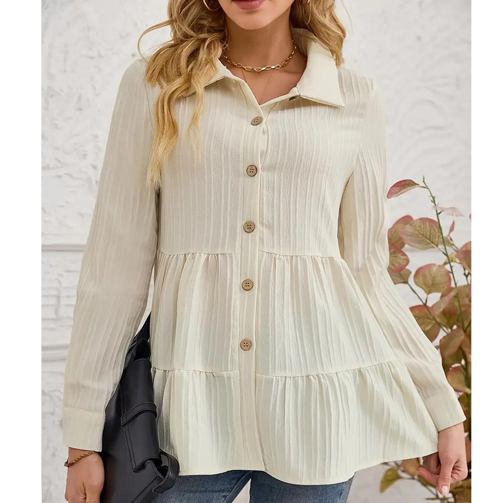 

Women s Casual Solid Color Long Sleeved Button Up Shirt Top Button Up Shirt Top Top S бежевый