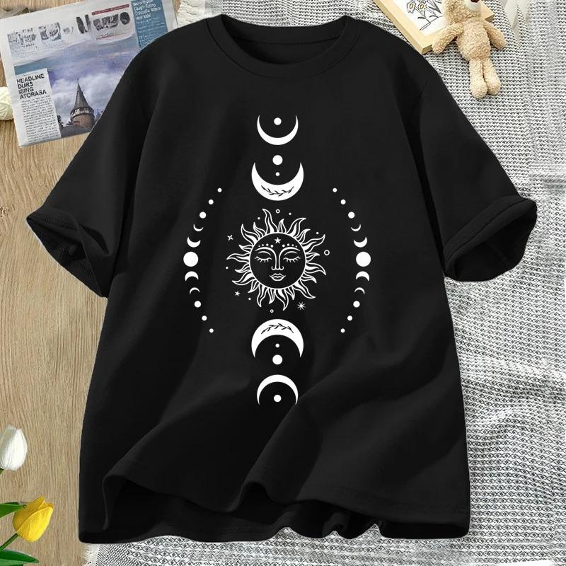 Sun and Moon Pritned T Shirt Celestial Boho Mystical Tshirt Magic Moon Short Sleeve Tshirt Women Harajuku Tee Streetwear