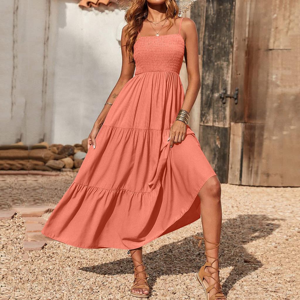 Dames Casual Strapless Maxi Jurk Zomer Mouwloos Gerimpelde Top Wijd Uitlopende Gelaagde Zoom Lange Jurk voor Buiten Strandkleding