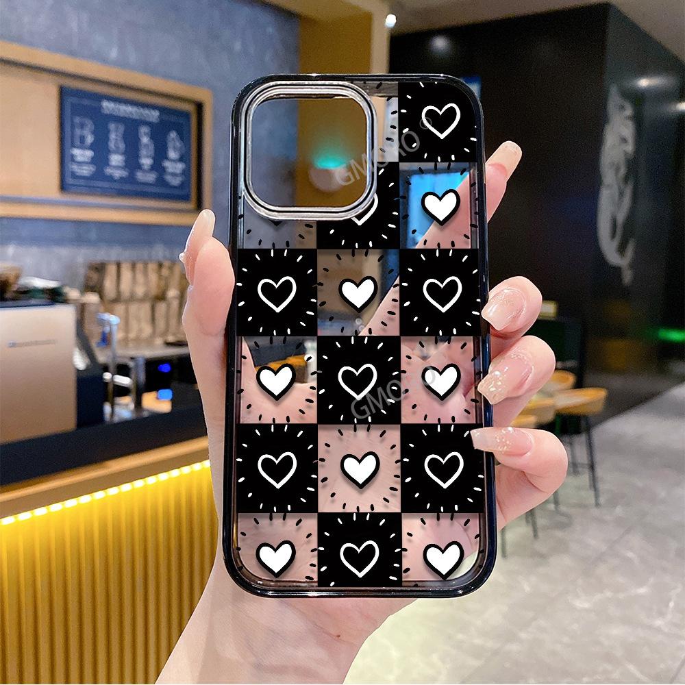 Creative black plaid women's love Apple 17 transparent magnetic mobile phone case iPhone15promax protective case
