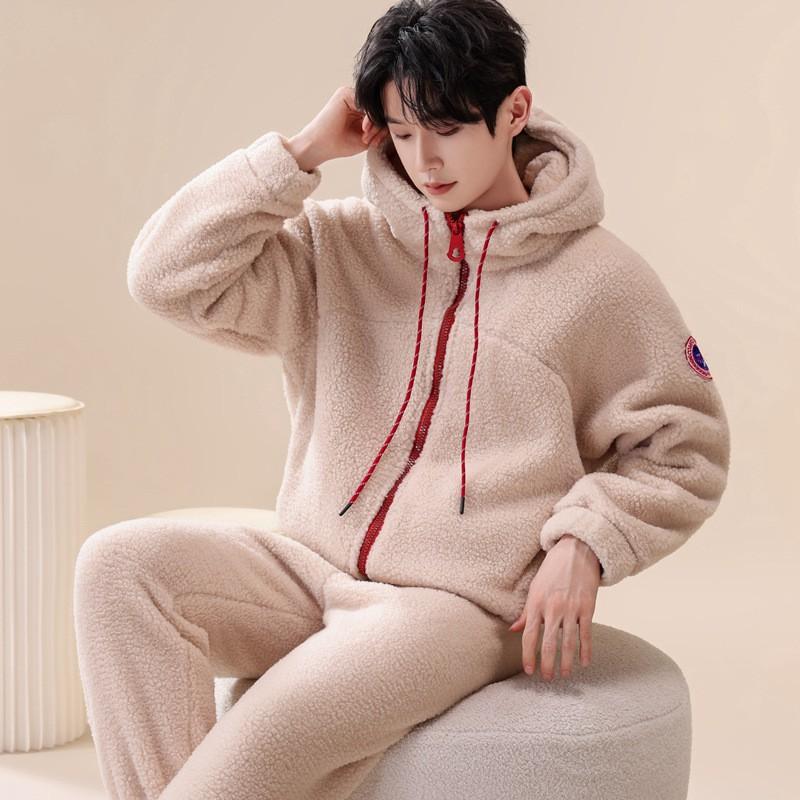 Coral Fleece Pajama Set Thick Double Layer Soft Loungewear Men Women Winter Homewear