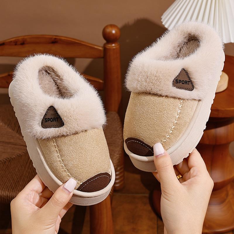 Children's Cotton Slippers Leather Surface Waterproof Soft Non-slip Piled Thick Parent-child Adult Couple Home Winter Warm
