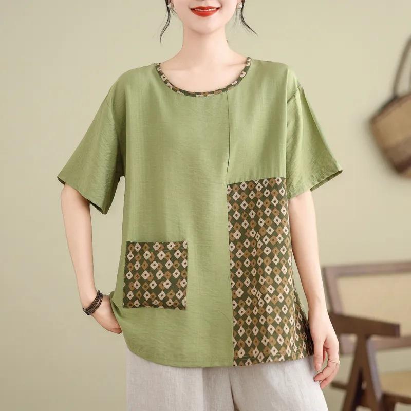 Summer New Artistic T-shirt Plus Size Women's Cotton and Linen Short-sleeved Shirt Middle-aged Loose Top