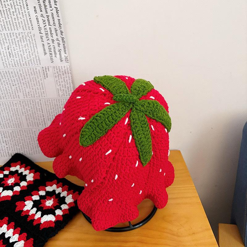 Strawberry Ruffle Crochet Woolen Hat - Women's Cute Autumn/Winter Fisherman Style