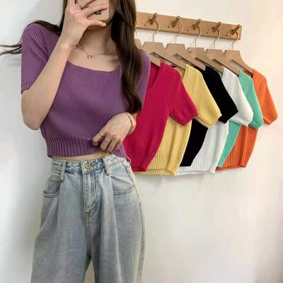 Knitted Short-sleeved T-shirt for Women Summer New Style Square Collar Versatile Solid Color Short Top White Inner Bottoming Shirt