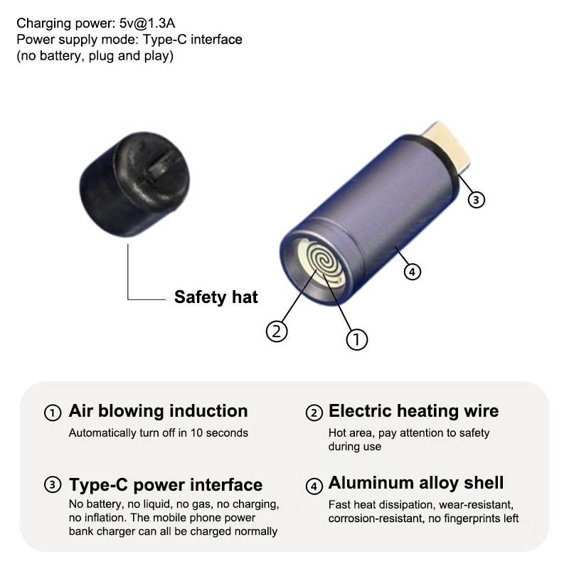 Type C Mini Lighter Blow-To-Ignite Auto Shut-Off For Air Travel Outdoor No Battery No Flame Portable Safety Lighter Adapter