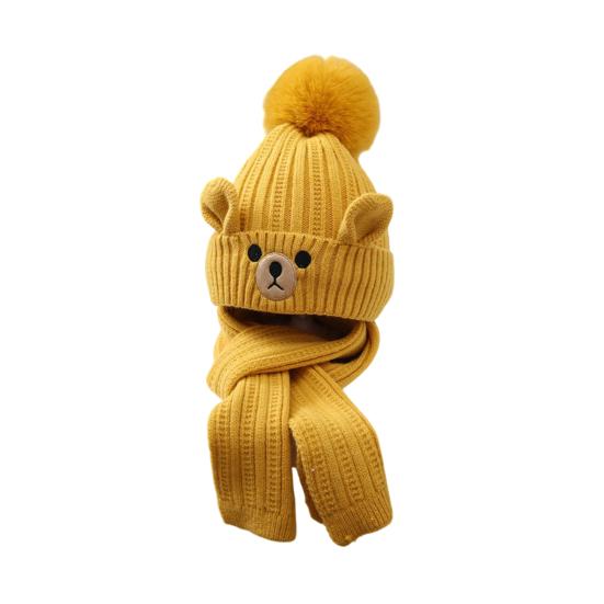 2Pcs/Set Children Hat Scarf Set Plush Ball Decor Bear Pattern Thickened Soft Touch Windproof Kids Knitting Hat Long Scarf Set