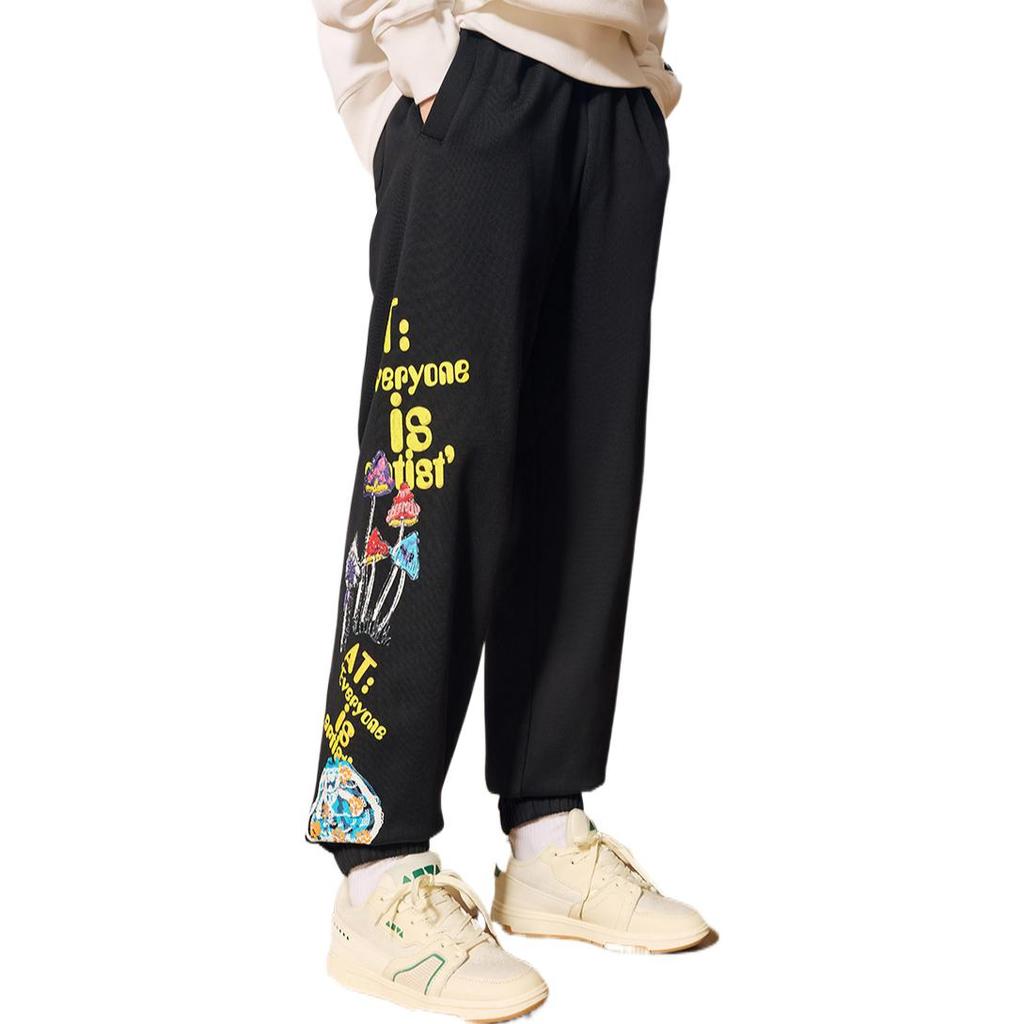 Anta X Solid Color Printed Drawstring Fleece Cuffed Sports Pants Unisex Pants Black 172248313-2