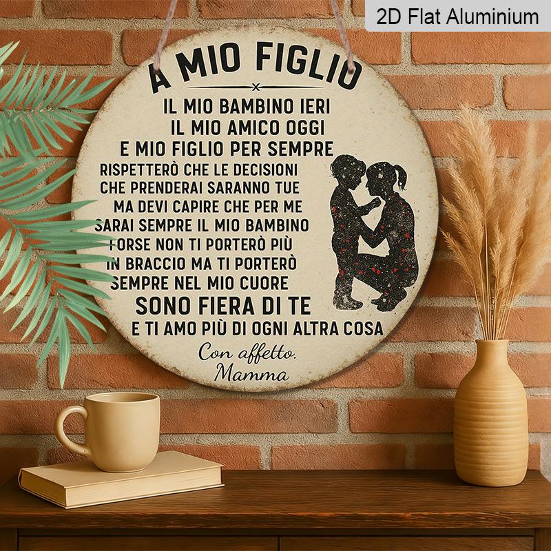 2D Flat, 1pc 7.87inch Aluminum Metal Wall Sign, A Mio Figlio Italian Quote with Mother & Child Silhouette, Vintage Rustic Family Decor, Perfect