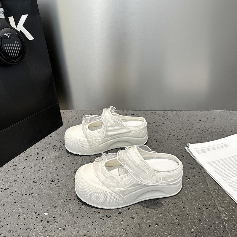 

Thick sole heightening 7CM bag head half slippers women s new mesh Mary Jane muffin sole casual little white shoes 35 бежевый