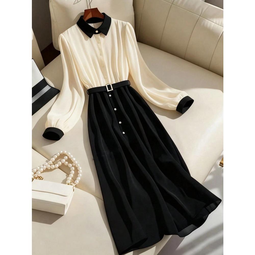 Women s Elegant Color Block Shirt Dress Long Sleeve A-Line Casual Midi Dress for Work S чёрный