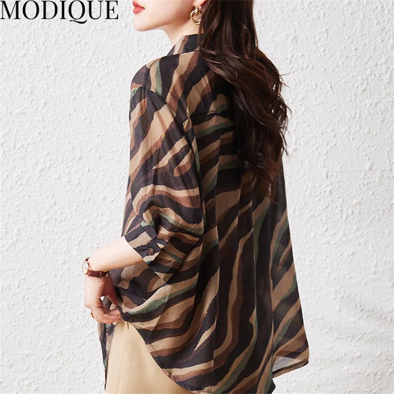 MODIQUE Estate Taglie Forti Donna Cotone Lino Cucito Camicette Camicie Stampa Taglio Ondulato Estate Cappotti Oversize Bottoni POLO