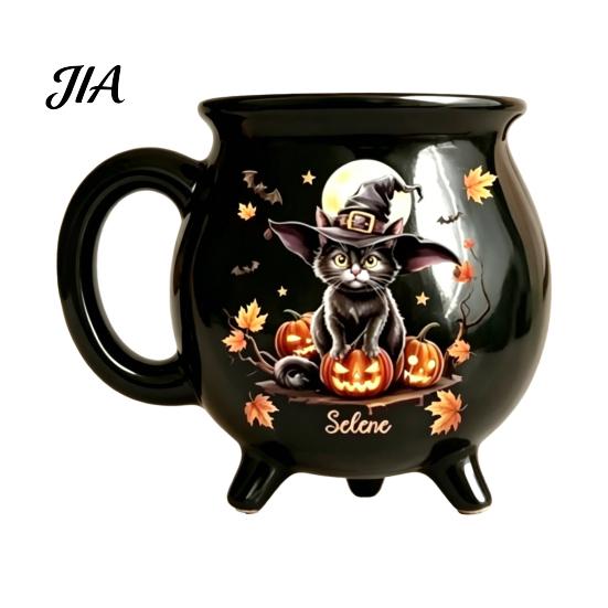 Tazza da Tè Stile Retrò Scuro, Tazza Caldaia Strega di Halloween, 350ml Pentola Magica Vintage Gotica a 3 Gambe, Idee Regalo Anniversario Compleanno Gatto Nero Ceramica