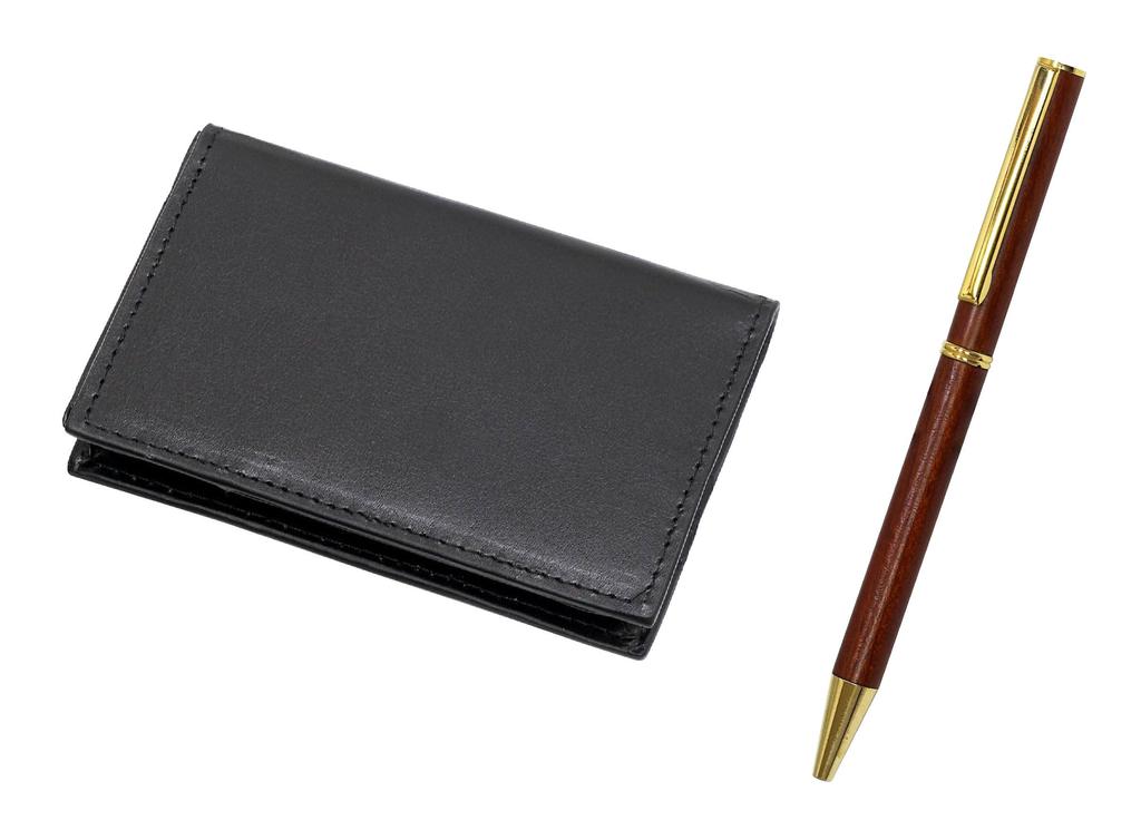 Recycled cowhide business card holder and wooden rotating ballpoint pen set 4-pocket (403 pens) T23-LS030B-403