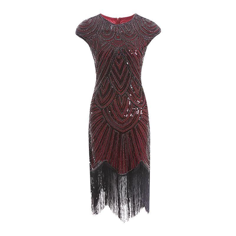 

Amazon Quality Best Selling Tassel Woven Sequins Dress 1920 Retro Europe and America Movie Dress Skirt Burgundy XS