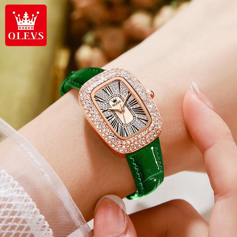 New Ladies Quartz Watch Luxury Full Diamond Dial Waterproof Green Leather Strap Fashion Quartz Women's Watch