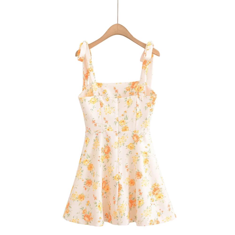 2025 Spring/Summer Women's Floral Bow-Tied Spaghetti Strap Dress