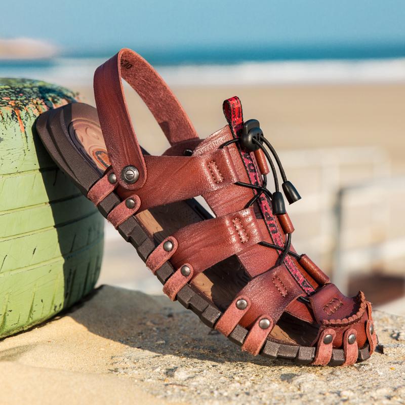 New Trend Mens Casual Slippers Dual-Purpose Leather Sandals for Men Summer Fashion Beach Shoes Male Non-slip Open-toe Half Drag