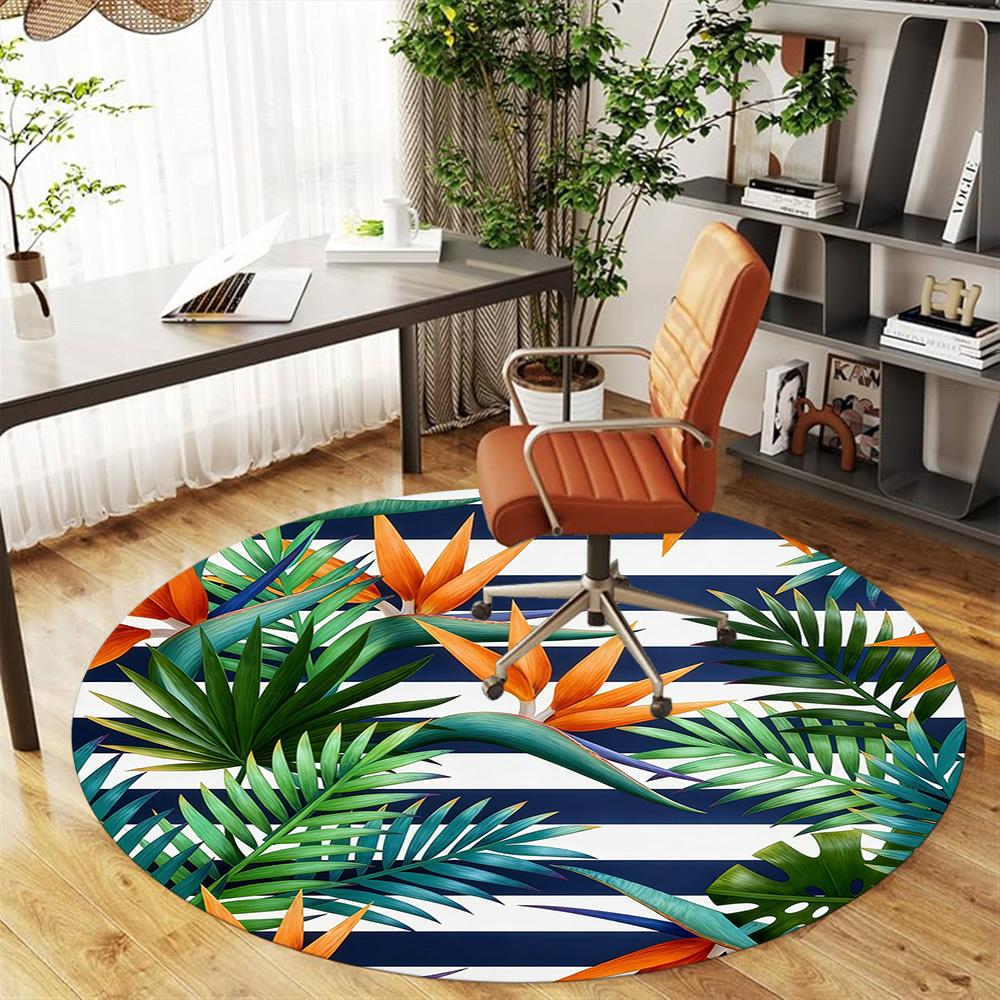 1pc Tropical Leaves Stripes Round Chair mat office Area Rug - Non-Slip, Floor Mat for Office, Bedroom, and Indoor Decor p127183