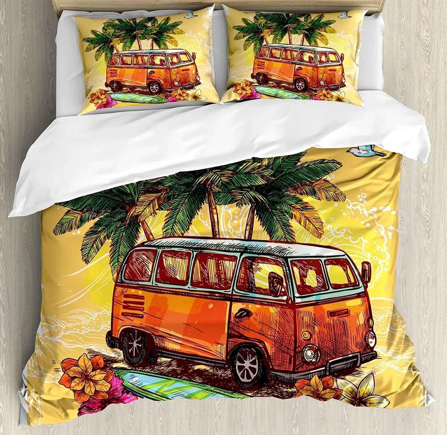 Surf Bedding Set For Bedroom Bed Home Hippie Classic Old Bus With Surfboard Freedom Holida Duvet Cover Quilt Cover Pillowcase
