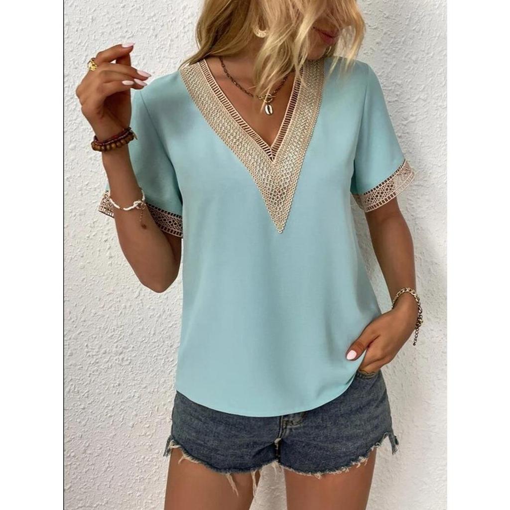 Magliette estive da donna Abiti di moda Camicie casual in chiffon con scollo a V Camicie a maniche corte Camicie in pizzo allentato di colore venduto da donna