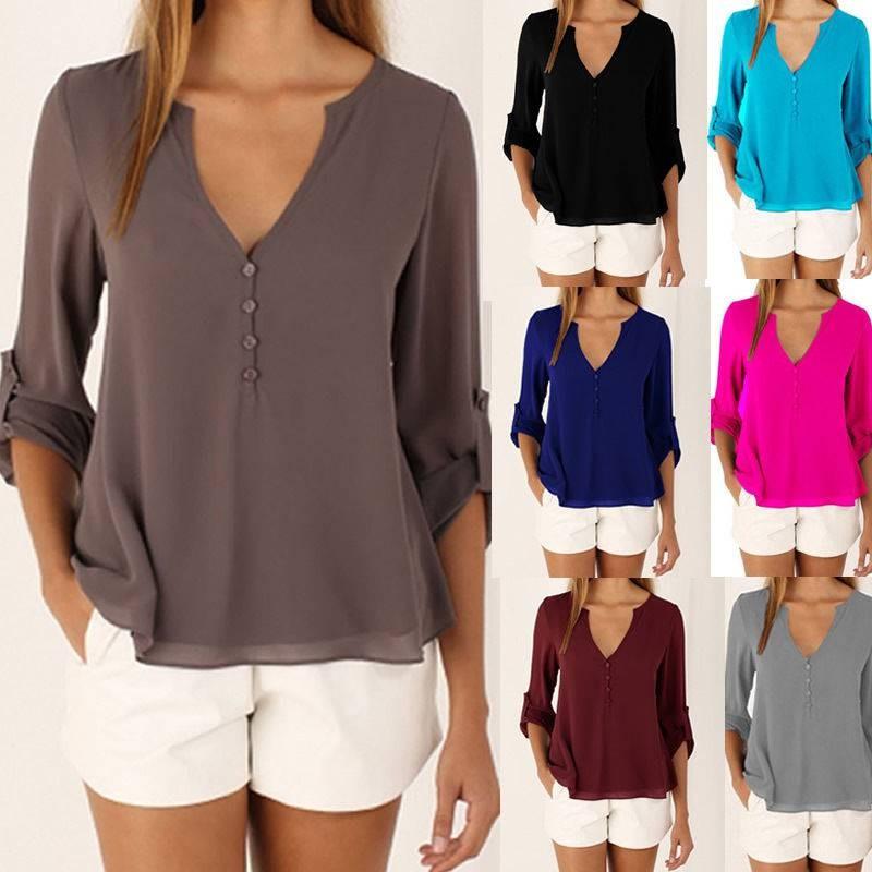 Elegant V Neck Long Sleeve Chiffon Blouse For Women In Six Chic Colors And Sizes S To 5xl