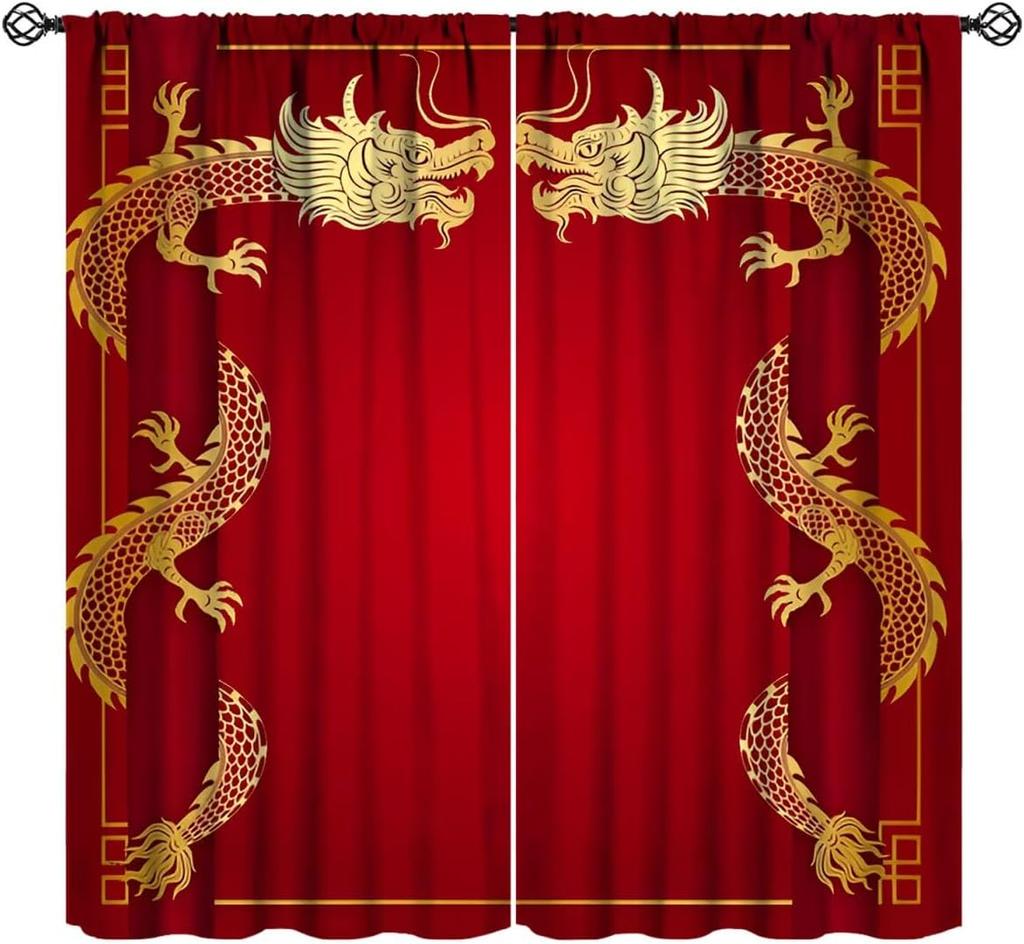 Luxurious Red Dragon Chinese Style Curtain Pair Polyester Fabric Drapery for Bedroom Living Room Oriental Asian Home Decor Windo