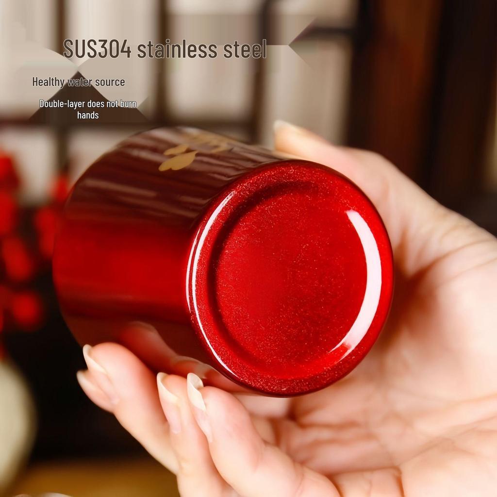 Wedding Double-Layer Stainless Steel Teacup - Red Toasting & Ceremony Joy Cup