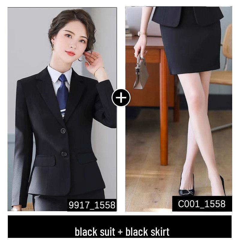 Formelles Schwarzes Anzugset für Damen für Frühling und Herbst - Professionelle Arbeitskleidung mit Jacke für Hotelrezeptionisten