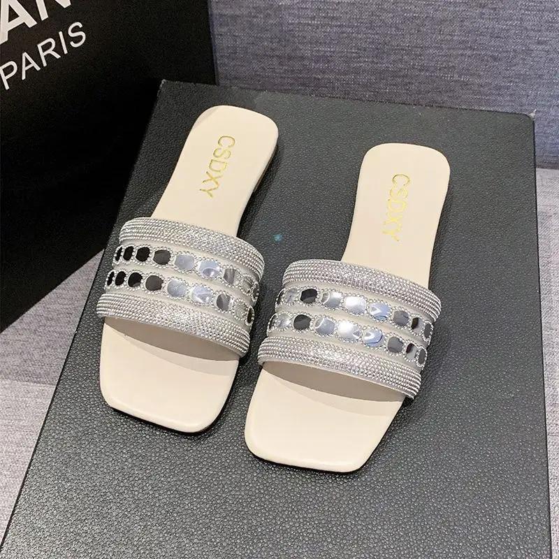 

Модные стразовые шлепанцы на плоской подошве, дешевая ликвидация, женские тапочки и женские сандалии, удобные, элегантные, летние 2025, ПВХ обувь 40