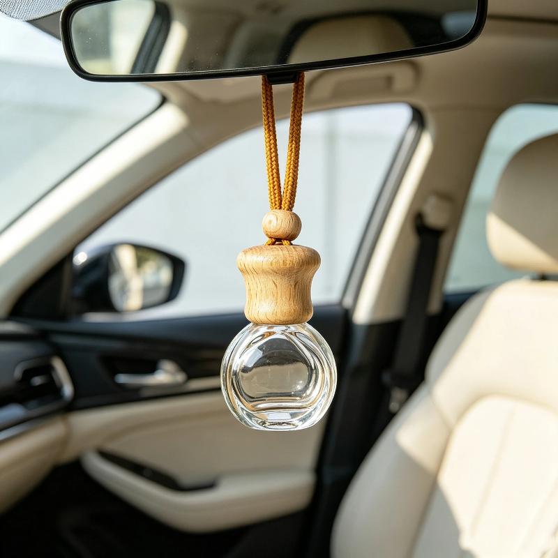 Empty Hanging Car Diffuser Bottles with Natural Wooden Lids Clear Glass Reusable for Homemade Car Air Fresheners