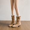 Western plissierte kurze Stiefel Damen Stacking Boots Retro Britischer Stil kleiner Mann Innenhöhe Erhöhung mittlerer Schaft Martin Stiefel dünne Stiefel