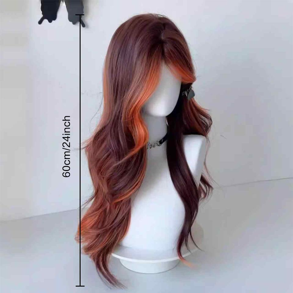 Synthetic Punk Style Long Wavy Curly hair Wig brown red Highlight orange Cosplay Lolita Wigs with Bangs for Women