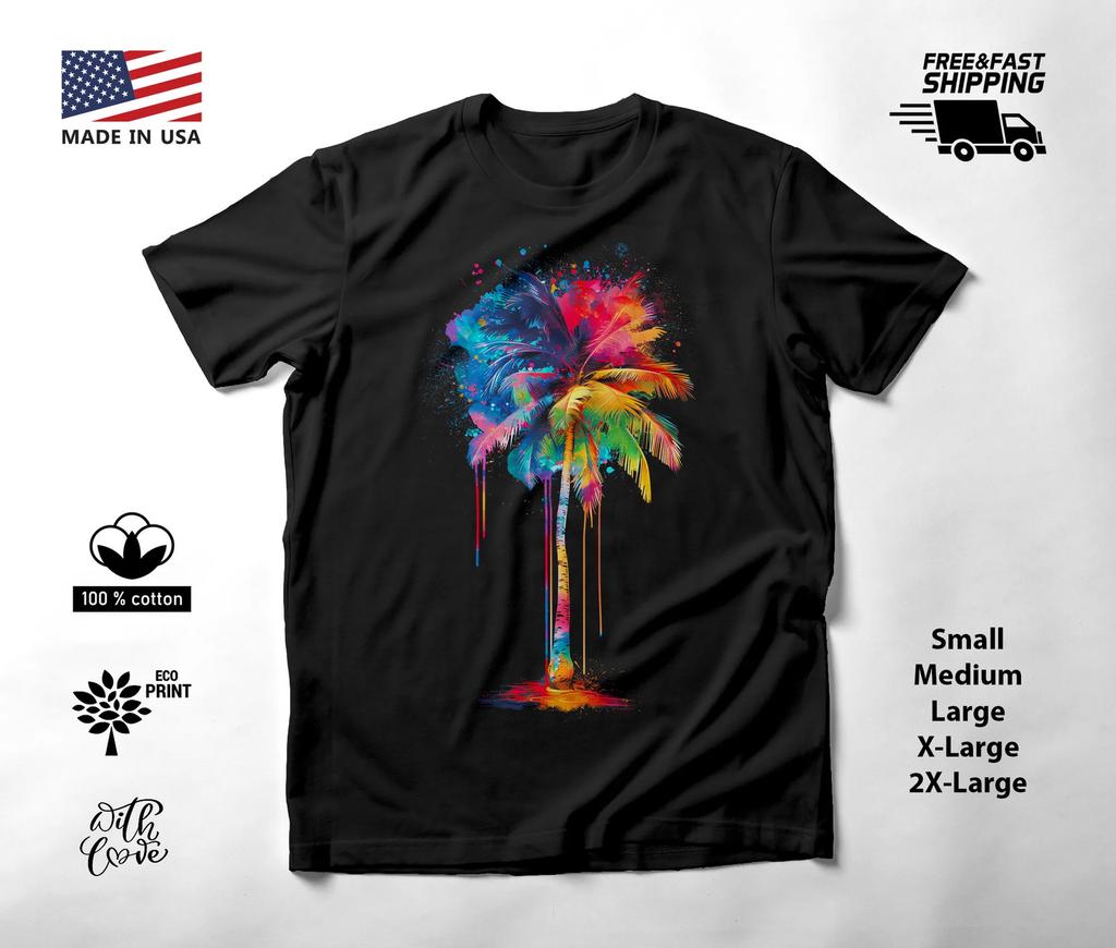 Tropical Palm Tree Neon Graphic T-Shirt Black Unisex S-2XL