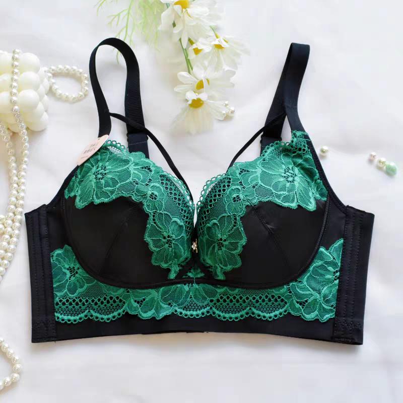 Sexy Kontrasterende Blonder Brystjusterings-BH-sett for Liten Byste Samlet Middelstykke Kopper Sideforhold Brystkontroll