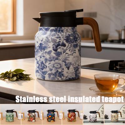 Bollitore in Acciaio Inossidabile Stile Vintage da 1000 ml con Manico in Legno Teiera Termoisolata con Separatore per Tè Infusore per Tè Teiera