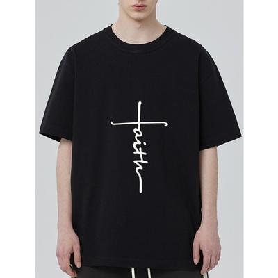 Black T Shirt with White Faith Cross Print for Casual Wear