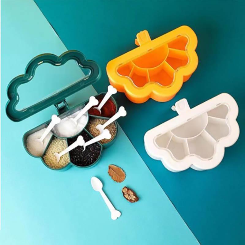 One-in-one Six-grid Seasoning Box Multi-grid Kitchen Household with Lid Moisture-proof Dust-proof Seasoning Bottle Kitchen Supplies with 6 Spoons