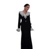 Amazon 2025 Cross-border Europe, America and Autumn New Mesh Edge Decorative Button Lotus Leaf Long-sleeved Top Hip Skirt