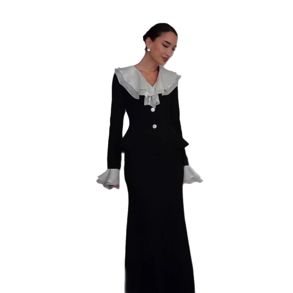 Amazon 2025 Cross-border Europe, America and Autumn New Mesh Edge Decorative Button Lotus Leaf Long-sleeved Top Hip Skirt