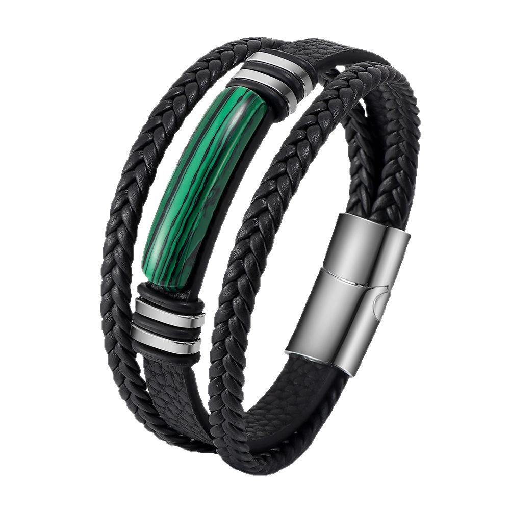 Tiger Eye Stone Multilayer Braided Leather Rope Men's Bracelet Bangles Stainless Steel Jewelry Accessory