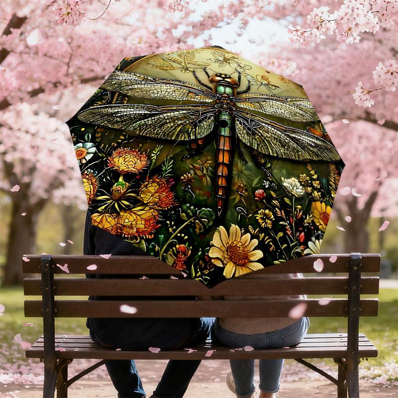 1PC Dragonfly FlowersAutomatic Open/Close Umbrella with Windproof, 8-Rib Sturdy Canopy, Durable Ribs, Fashionable Design, Outdoor Accessory, Fun Prin,