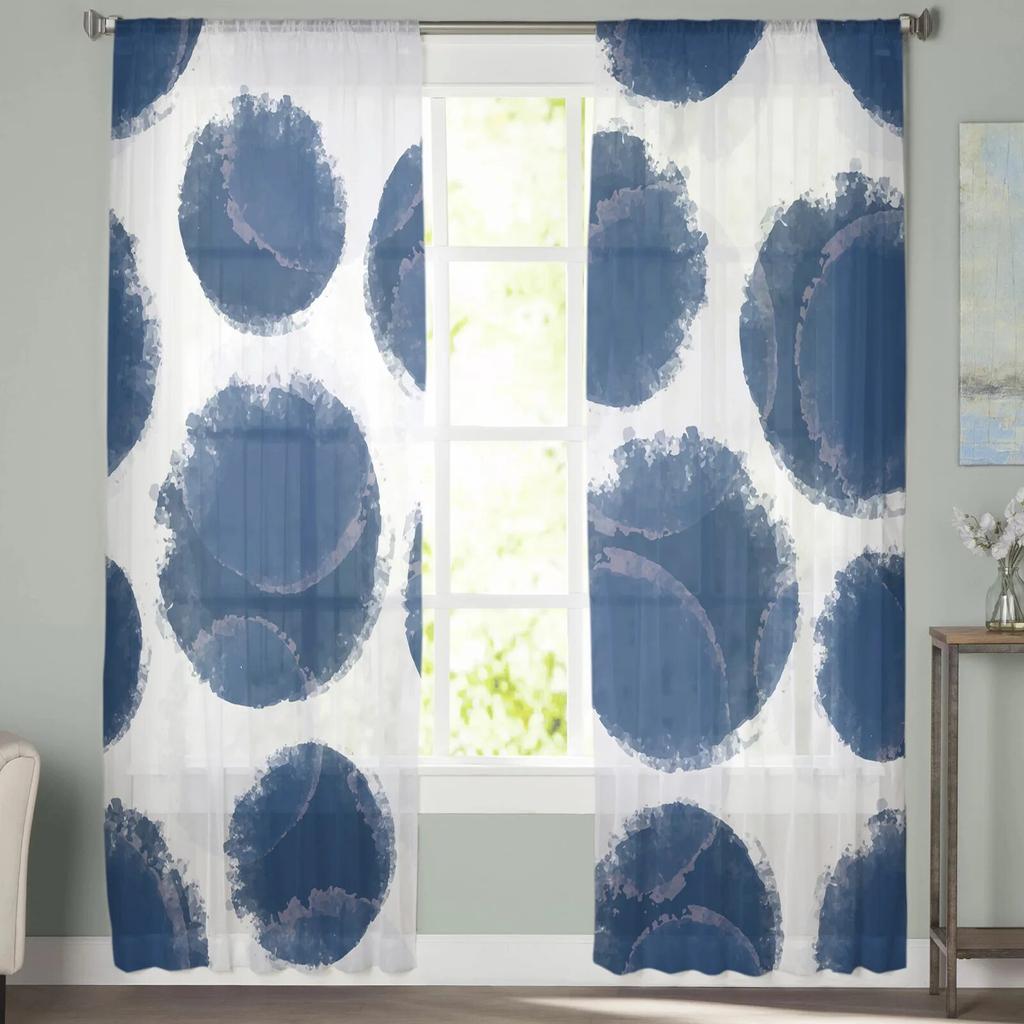 Watercolor Vintage Blue Tulle Curtains for Living Room Bedroom Sheer Curtain for Balcony Hall Fashion Printed Home Drapes
